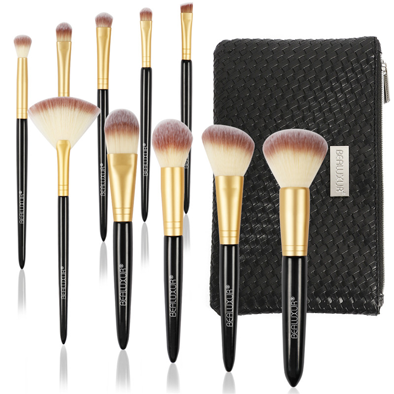 10 stk Makeup-børstesæt, premium syntetisk fiber-make-up-børste-kit Børster med værktøj med PU-læder-rejse-makeup-taske